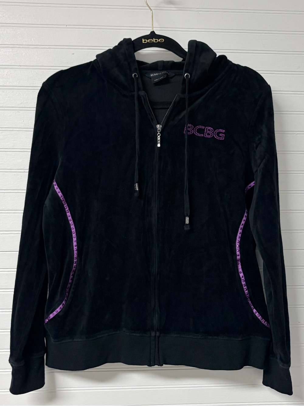 Y2K BCBG Black Zip-Up Velvet Velour Hoodie with Purple Trim